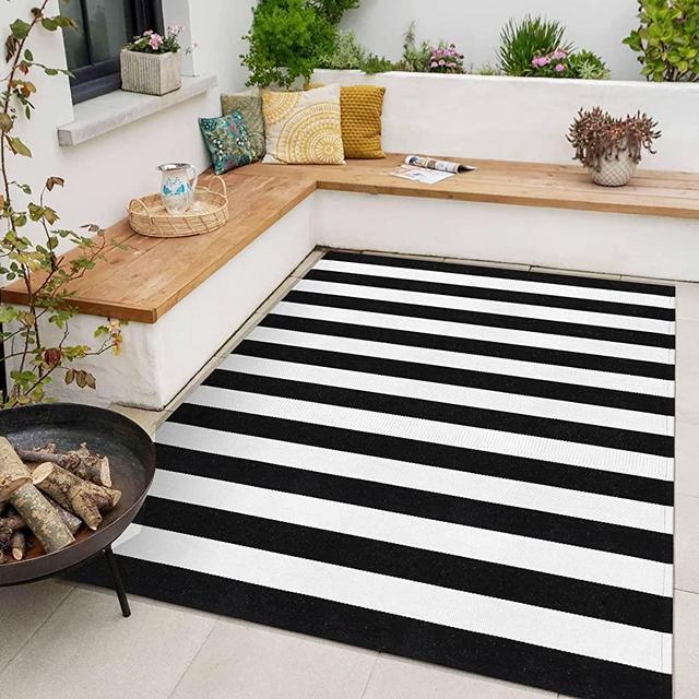 Black and White Striped Large Patio Rug 5' 7" x 7' 7", Cotton Hand-Woven Washable Indoor Outdoor Durable Farmhouse Casual Flatweave Rug for Porch/Bedroom/Dining Room/Entryway