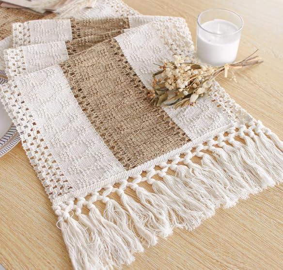 FEXIA Boho Table Runner for Home Decor 90 Inches Long Farmhouse Rustic Table Runner Cream & Brown Macrame Table Runner with Tassels for Boho Dining Bedroom Decor Rustic Bridal Shower (12x90 Inches)