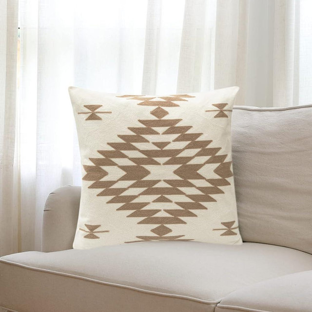 IKATYARN Beige Aztec Pattern Embroidery Throw Pillow Cover,Boho Tribal Geometric Pillowcase, Modern Farmhouse Brown Cushion Case for Couch Sofa Bed, 18"x18"