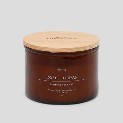 14oz Lidded Glass Jar Crackling Wooden 3-Wick Candle Rose & Cedar - Threshold™