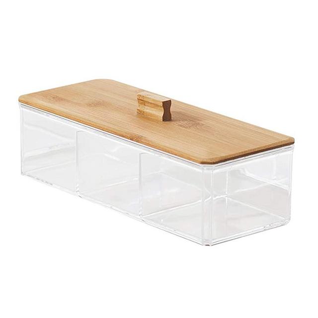 Atych Qtip Dispenser Holder Bathroom Vanity Organizer Apothecary Jars Canister Set with Bamboo lid for Cotton Ball,Cotton Swab,Q-Tips,Cotton Rounds,Bath Salts (3 Compartment 1pack)
