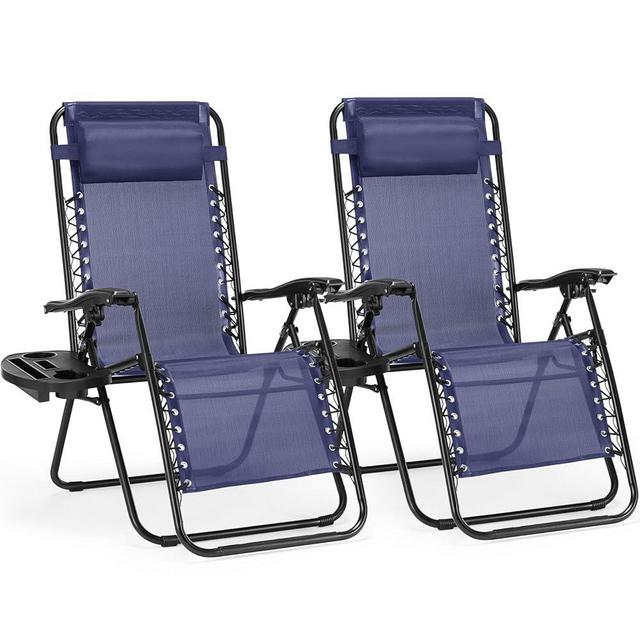 Sweetcrispy Zero Gravity Chairs, Set of 2 Portable Recliner Beach Camping Patio Outdoor Folding Lounge Chair with Cup Holder Trays and Adjustable Pillow for Poolside, Garden, Backyard, Lawn (Blue)