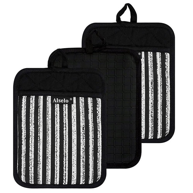 Alselo Silicone Pot Holders Set of 3 Heat Resistant & Non Slip Potholders, Professional Oven Hot Pads with Pockets Mitts for Kitchen Cooking Baking Barbecue (3, Black)