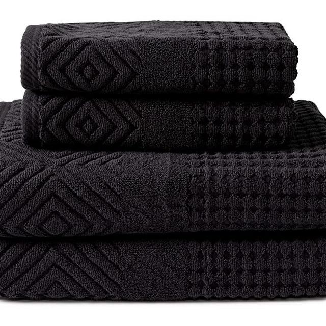 Texere 100% Organic Cotton Diamond Jacquard 700 GSM Luxury Bath Towel Sets - Ultra Soft and Absorbent Hotel and Spa Quality (Diamond, Black, 2 Bath & 2 Hand Towels)