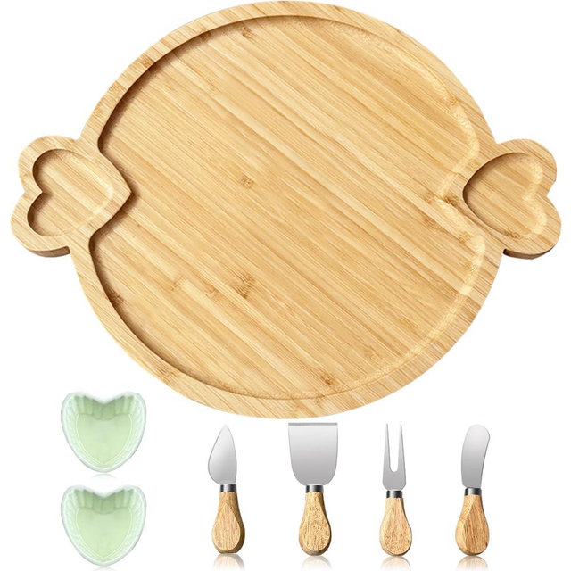 Hongsane Charcuterie Boards Gift Set,Bamboo Cheese Board,12 Inch Large Round Charcuterie Board,House Warming Gift for New Home,Wedding Gift Cheese Tray Platter with 2 Bowls and 4 Knives