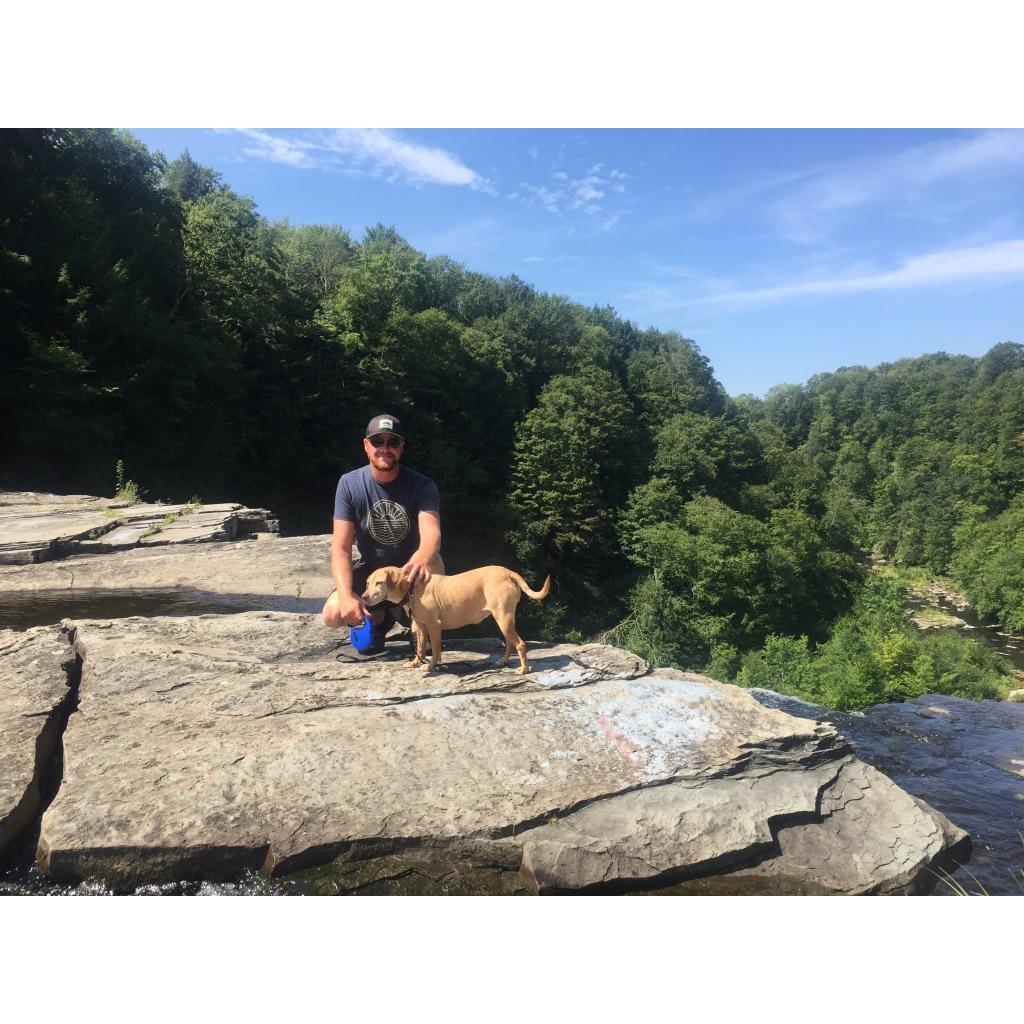 Luna and Adam standing at the edge of Salmon river falls making me nervous.