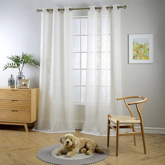 MIUCO Semi Sheer Curtains Poly Linen Textured Solid Grommet Curtains 84 Inches Long for Bedroom 2 Panels (2 x 37 Wide x 84" Long) Beige