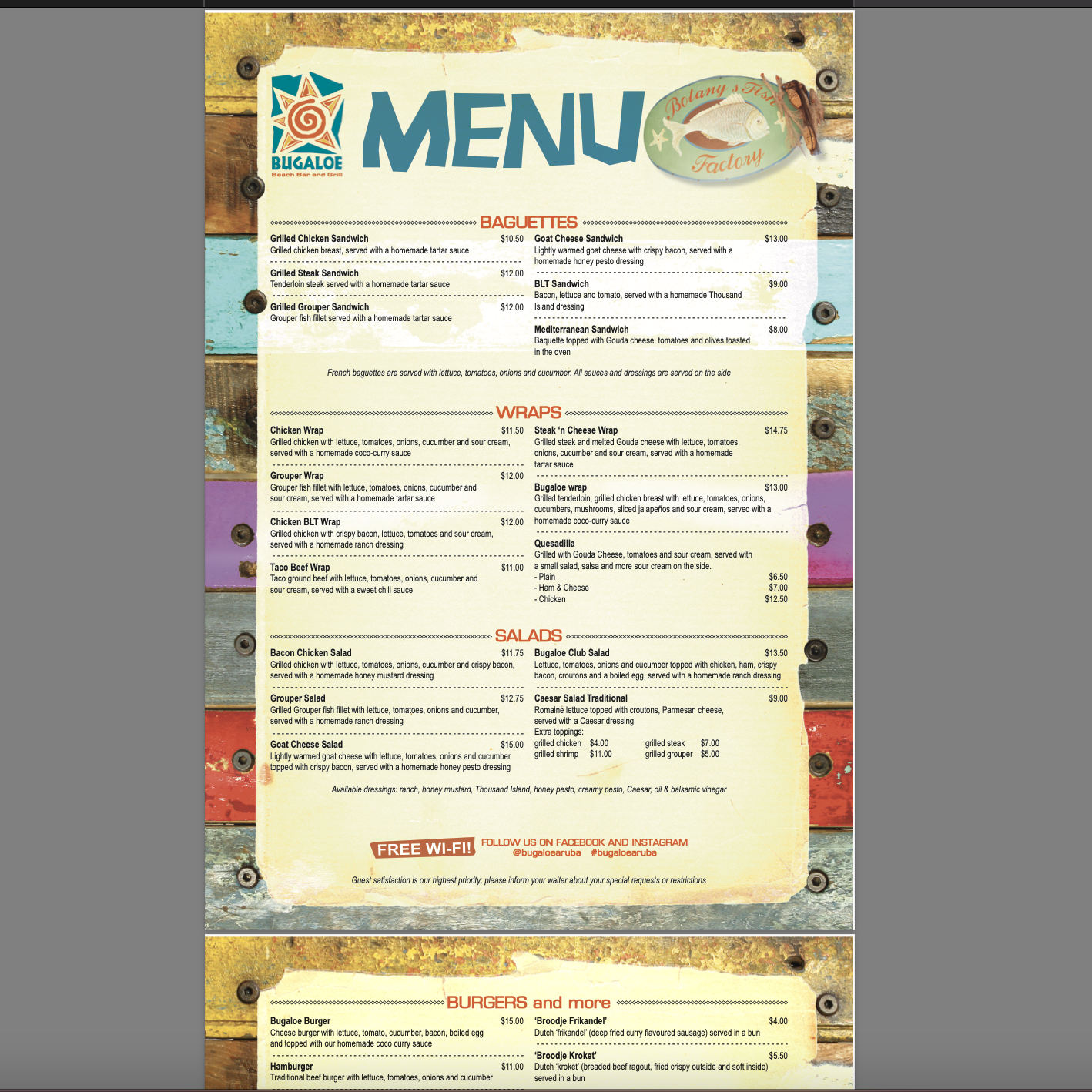 bugle lunch/dinner menu