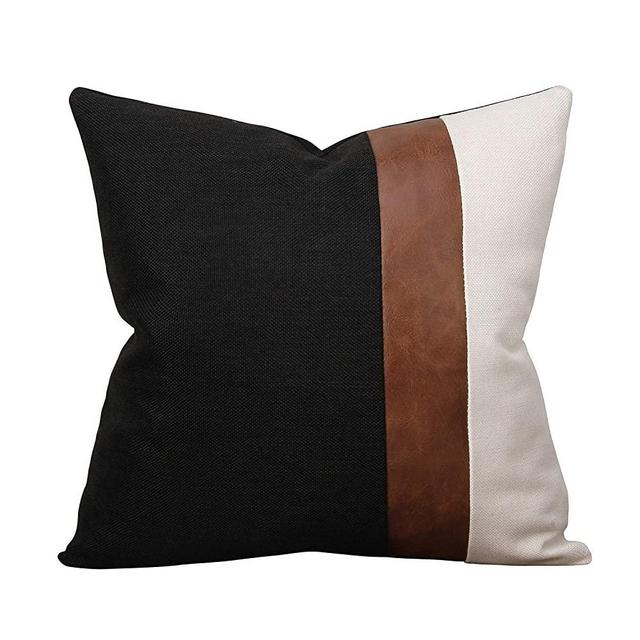 cygnus Faux Leather and Linen Throw Pillow Cover 18x18 Inch Black and White Modern Decorative Accent Cushion Cover for Couch Sofa