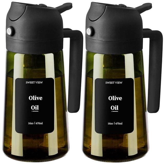 SWEET VIEW 2PCS Olive Oil Dispenser and Oil Sprayer – 16oz/470ml Glass Light-Proof Oil Pourer for Kitchen, Air Fryer, Cooking, Salad, and BBQ
