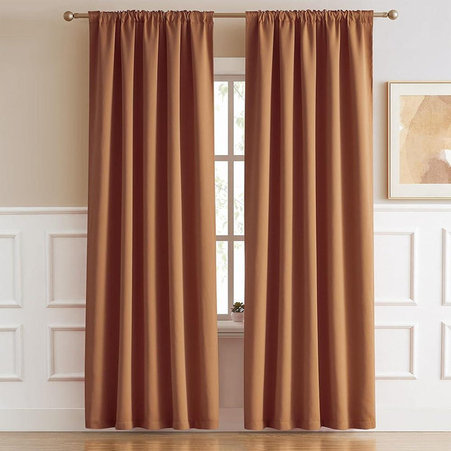 DUALIFE Retro Brown Orange Curtains 90 Inches Long, Vintage Brown Curtain Drapes Back Tab and Rod Pocket Curtain Panels for Bedrooom Living Room Dark Oak