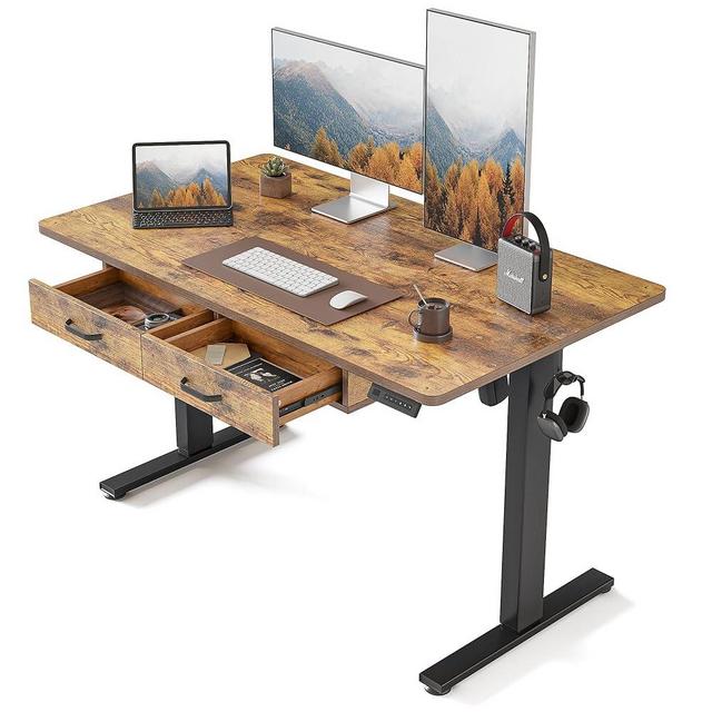 FEZIBO Standing Desk with Double Drawer, 48x 24 Inches Adjustable Height Electric Stand up Desk, Ergonomic Workstation Black Frame/Fir Brown Top