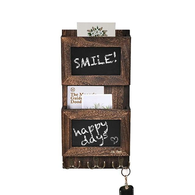 Z&L HOUSE Dark Brown Mail Sorter Organizer for Wall with Chalkboard Surface & 3 Double Key Hooks - Wall Mount Holder Wooden Envelope Holder