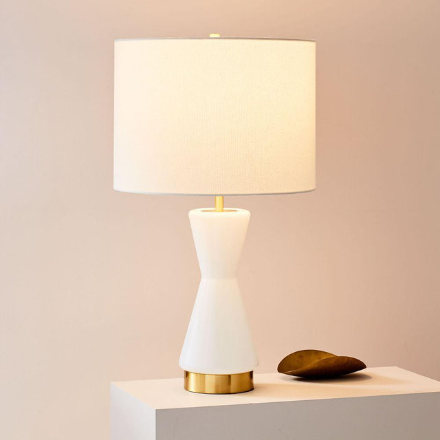 Metalized Glass Table Lamp + USB, Large, White, Antique Brass, Set of 2