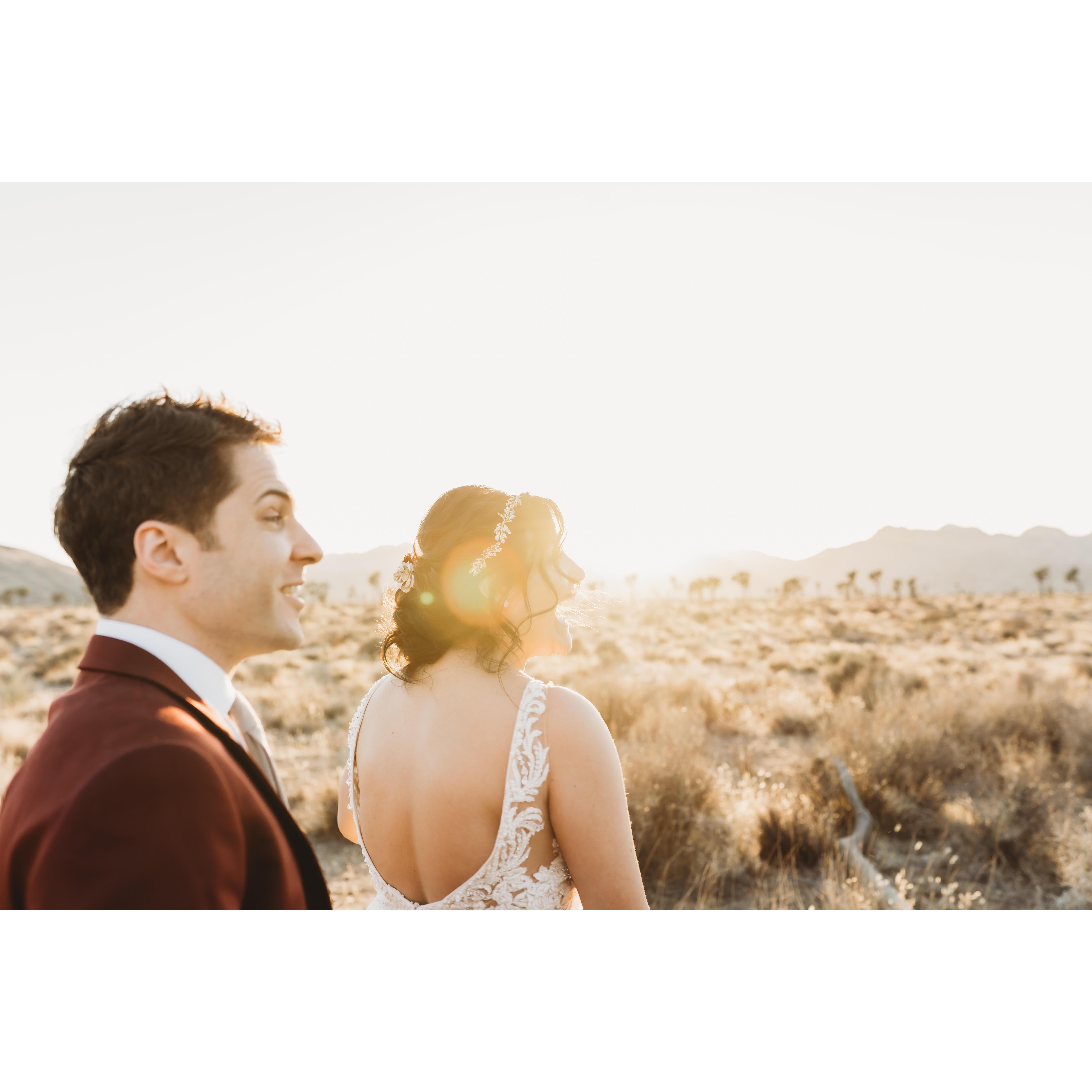 Photo of us in the moment seeing a coyote walk by. We thought this was...pretty cool!
