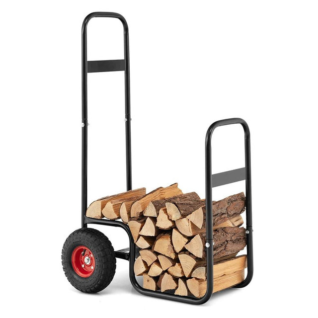 Goplus Firewood Carrier with Wheels, Outdoor Rolling Fire Wood Log Cart with Pneumatic Rubber Tiers, Heavy Duty Steel Wood Storage Hauler, Firewood Rack for Fireplace, Fire Pit, 220 LBS Capacity
