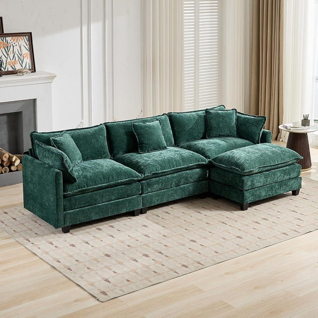 111.5" Green Modular Sectional Sofa, 3 Seater Large Sectional Couches for Living Room, Chenille Fabric Oversized Cloud Couch with Ottoman, Deep Seat Modern Sofas Set, Sofas para Sala, L Shaped