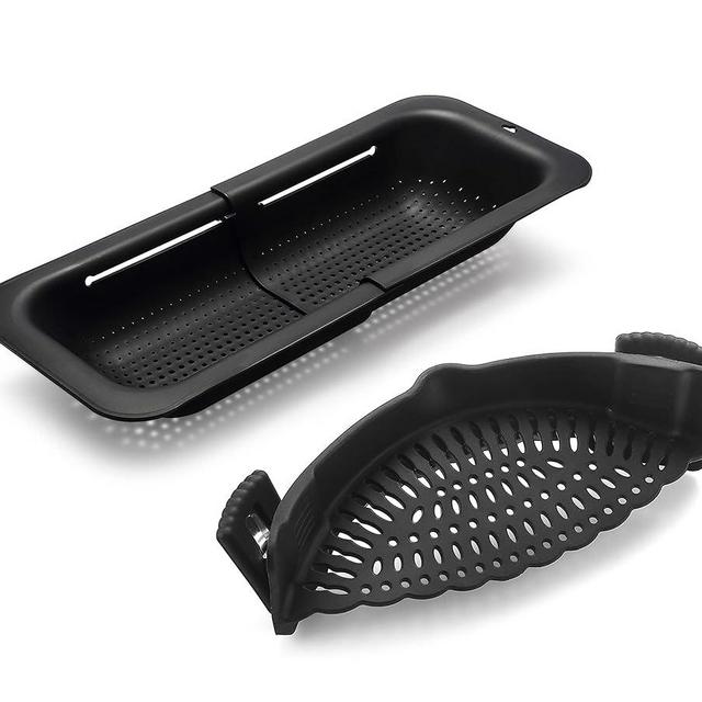 Adjustable Over the Sink Colander Strainer, Silicone Clip On Strainer for Pots Strainers and Colanders Plastic Drainer Basket for Food Pasta Vegetables Kitchen, Extendable 14.5"-19.5", Black
