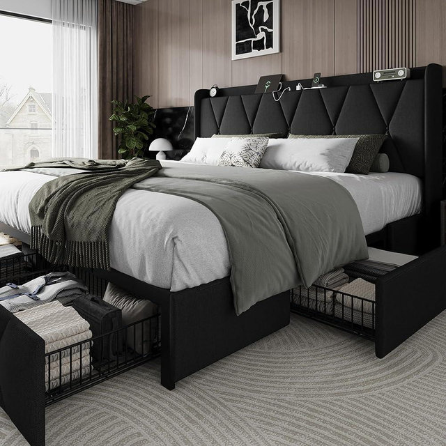 Einhomn King Size Bed Frame with 4 Storage Drawers and Charging Station, Upholstered Platform Bed Frame with Storage Headboard, No Box Spring Needed, Easy Assembly, Black