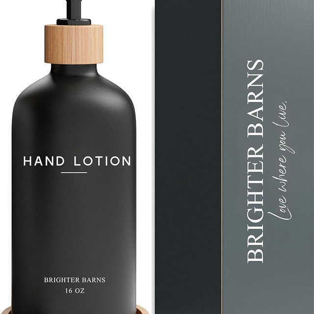 Black Glass Lotion Dispenser with Pump by Brighter Barns - Hand Lotion Dispenser Bathroom Set with Tray - Luxury Bathroom Accessories Set, Modern Home Decor for Spa, Office, Living Room, Hotel (Black)