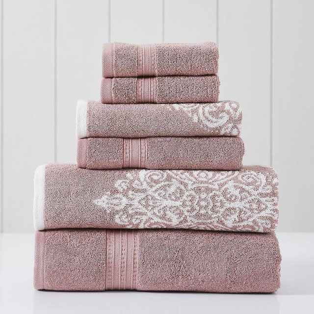 Modern Threads Artesia Damask 6-Piece 100% Combed Cotton Reversible Yarn Dyed Jacquard Towel Set Woodrose