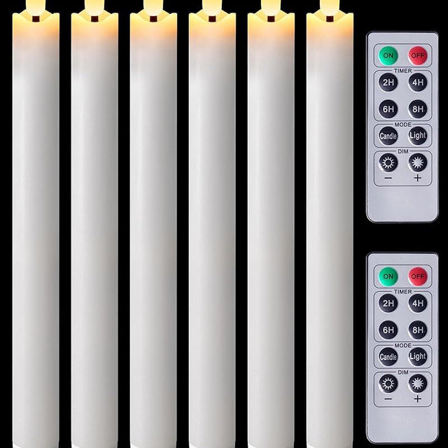 Homemory Waxy Flameless Taper Candles with Remote Timer Dimmer, Battery Operated Candlesticks Flickering, LED Window Candles Realistic, 9.6 Inches for Christmas Wedding Indoor Decor, White, 6 Pcs