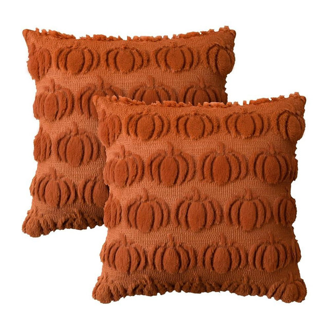 AVOIN colorlife Fall Pumpkin Caramel Throw Pillow Covers, 20 x 20 Inch Seasonal Autumn Thanksgiving Harvest Decoration Soft Plush Faux Fur Jacquard Cushion Case Decoration for Sofa Couch Set of 2