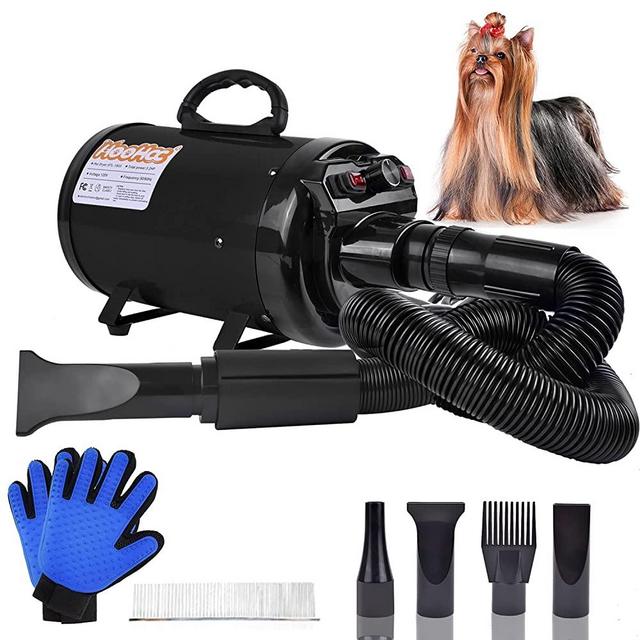 Dog Dryer, High Velocity Dog Hair Dryer, Dog Blow Dryer - Groomer Partner Pet Blower Grooming Force Dryer with Heater, Stepless Adjustable Speed, 4 Different Nozzles, Comb & Pet Grooming Glove