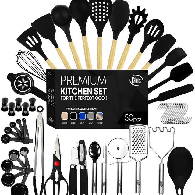 Kaluns 50 PCS Silicone Kitchen Utensils Set Complete Kitchen Set - 800°F Heat Resistant Non-Stick Premium Silicone Cooking Utensils W Wooden Handles - Can Opener, Masher, Turner, Silicone Spatula Set