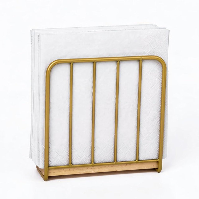 Modern Farmhouse Napkin Holder for Table, Weighted Solid Wood Base with Metal Design, Vertical Standing Napkin Dispenser for Kitchen Countertop, Dining Room and Outdoor Picnic (Gold)