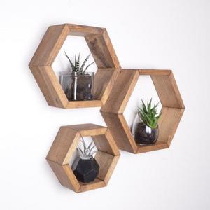 3 Light Brown Pine Hexagon Shelves, Honeycomb shelves, Geodesic Shelves, Hexagon Shelf, Hexagon Shelves, honeycomb shelf, floating shelf, floating shelves