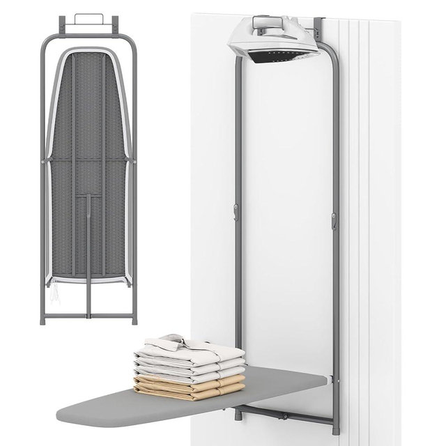 COSTWAY Over The Door Ironing Board, Space-Saving Metal Hanging Ironing Board with Iron Holder & Cotton Cover, Compact Fold Down Iron Stand for Home, Apartment, Laundry Room, Dorm, Gray