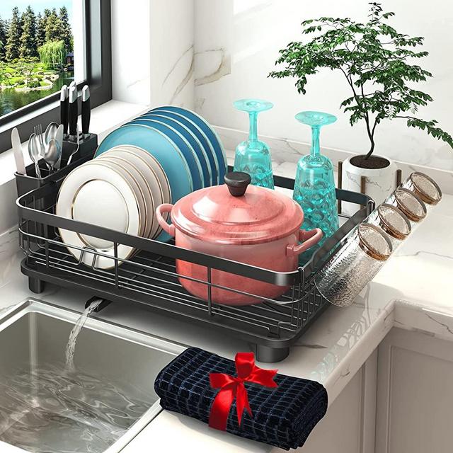 MR.SIGA Dish Drying Rack for Kitchen Counter, Compact Dish Drainer with Drainboard, Utensil Holder and Cup Rack, Plastic Kitchen Drying Rack for