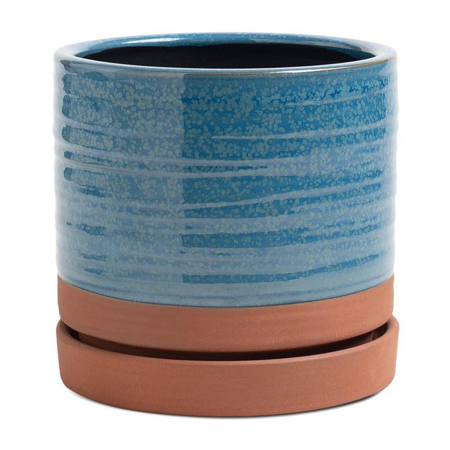 HERDUK 6 Inch Plant Pots, Ceramic Planter Pot with Drainage Hole & Saucer, Indoor/Outdoor Cylinder Round Planter Pot, Aqua Blue & Terracotta Red