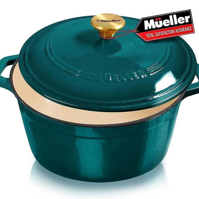 Mueller DuraCast 6 Quart Enameled Cast Iron Dutch Oven Pot with Lid, Heavy-Duty, Braiser Pan, Stainless Steel Knob, for Bread Baking, Braising, Stews, Roasting, Safe across All Cooktops, Emerald