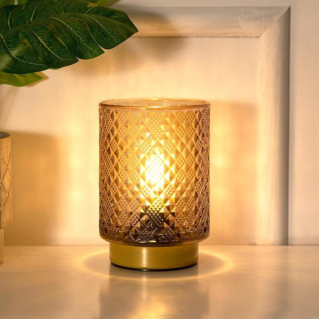 LUSHARBOR Battery Operated Lamp with Timer, Small Table Lamp with LED Bulb, Glass Cordless Lamps Bedside Battery Operated Lamp for Living Room, Entryway Diamond Design-Amber
