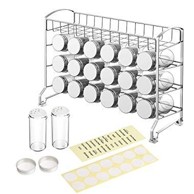 NEX Spice Rack with 18 Glass Bottles Spice Jars and Labels, Chrome