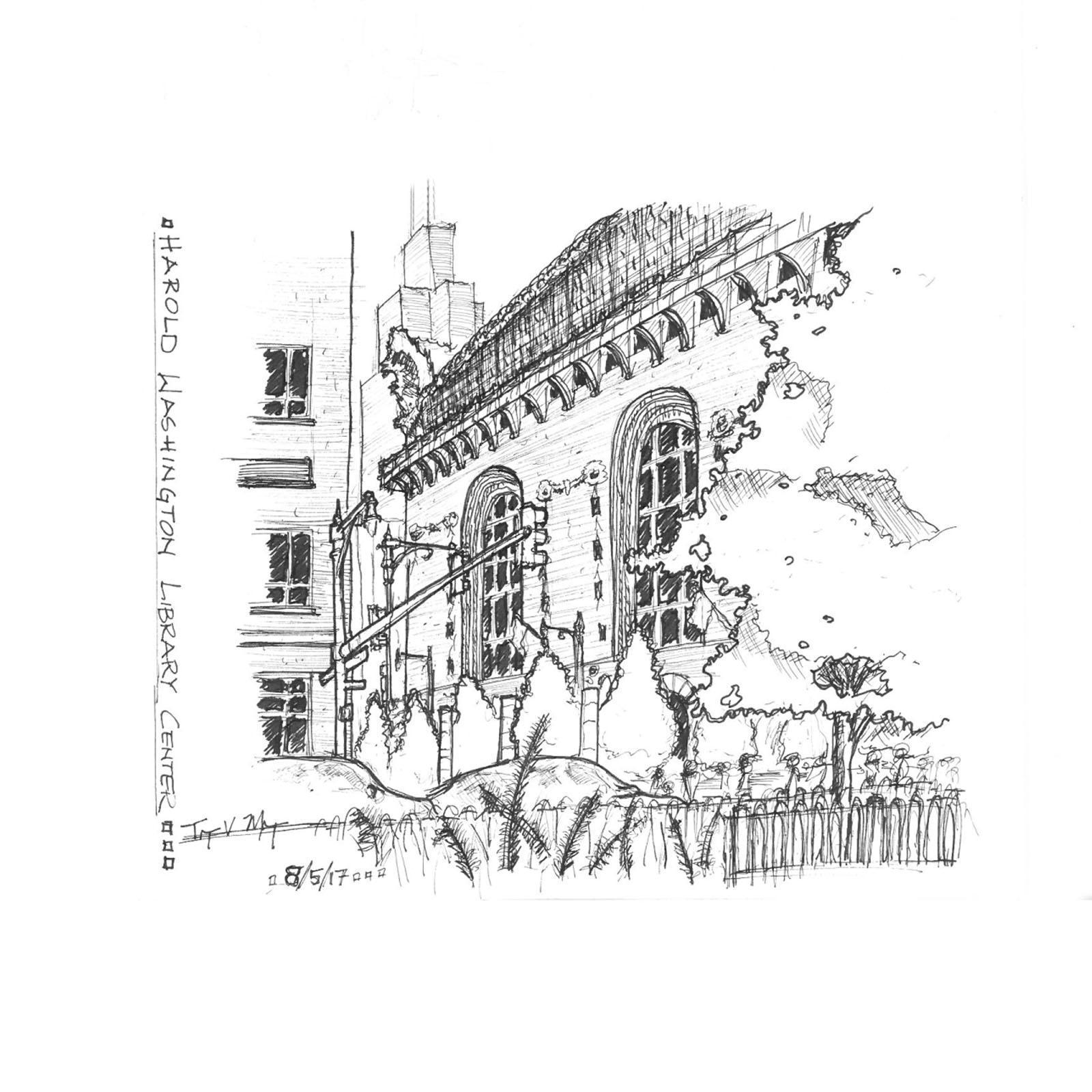 Trey's favorite hobby is sketching, and Allie's is reading; so Trey drew her a picture of the Chicago Harold Washington Library.