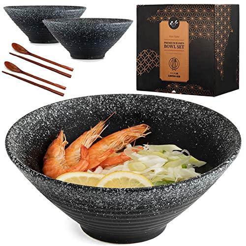 Ceramic Japanese Ramen Bowls Set of 2 - 60 ounce Large Noodle Soup Bowl, with Chopsticks and Spoon for Asian Pho Udon Soba (Black)