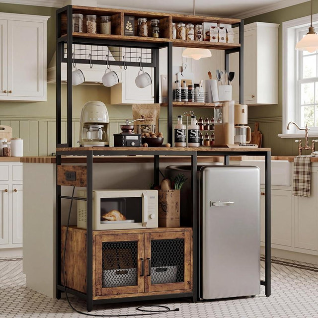 Garvee Microwave Stand with Fridge Stand, Industrial Kitchen Shelf with Power Outlet, Freestanding Kitchen Storage for Pantry Living Room, 47.2 x 19.7 x 68.1 Inches, Rustic Brown