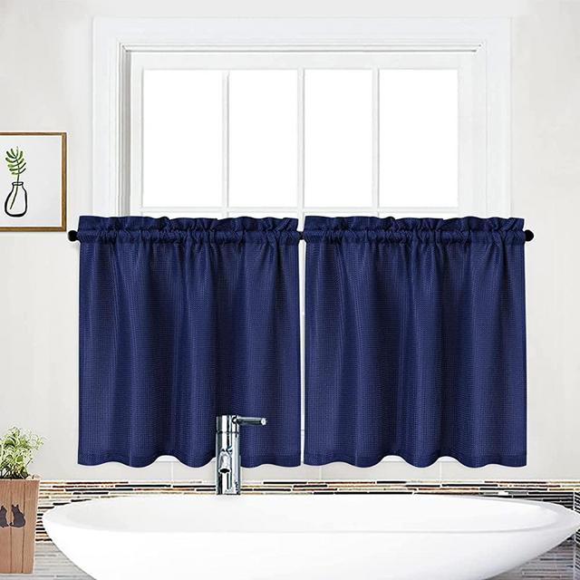NANAN Waffle Woven Half Window Curtains for Bathroom Waterproof Kitchen Window Treatment Set - 30" x 30", Navy Blue, Set of 2
