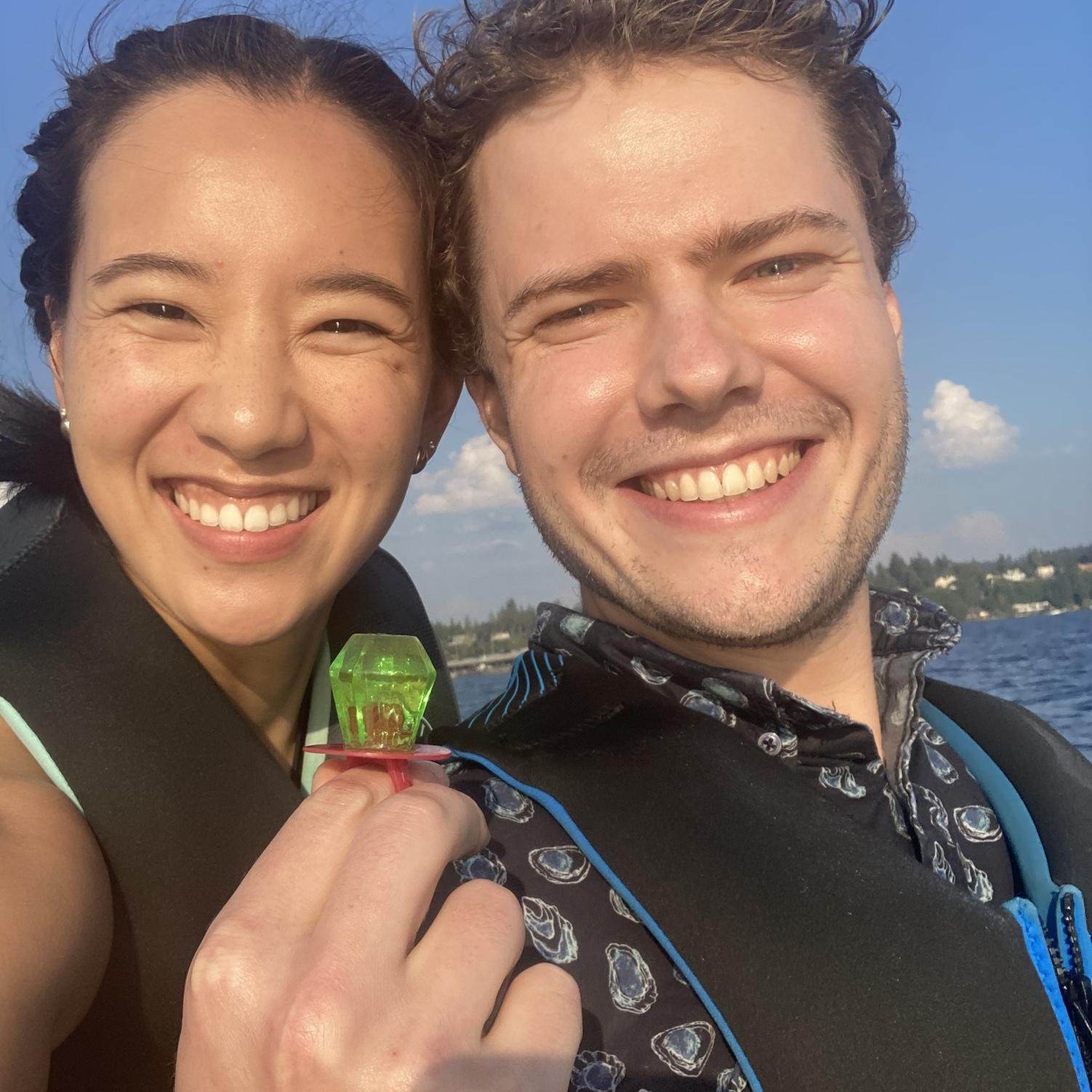 August 2023 - Camille proposing to Ross. Lake Washington, Kirkland, WA.