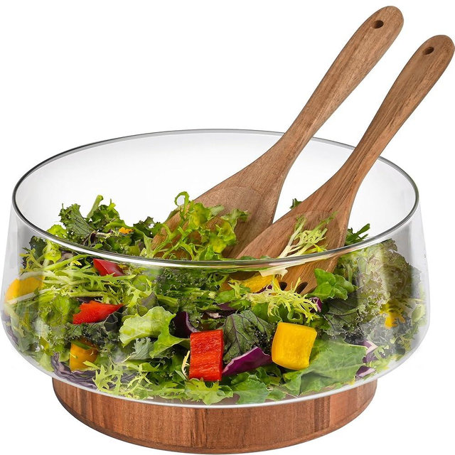 LOVYANXUE Glass Salad Bowl Set with Acacia Wood Base & Serving Utensils - 10 Inch Large Salad Serving/Trifle Bowl for Vegetables, Fruit, Baking, Dessert, Kitchen, Party Diy, Pre Meal and Serve Dishes