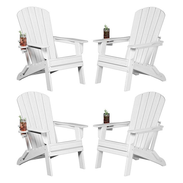 Plawdlik Folding Adirondack Chair, SGS Tested, Wooden Textured with Cup Holder, Heavy All-Weather HDPE Comfortable Set Poolside Backyard Lawn White Set 4