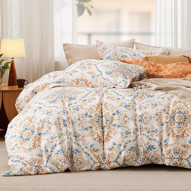 Bedsure Duvet Cover Queen Size - Reversible Floral Duvet Cover Set with Zipper Closure, 3 Pieces Bohemian Orange Bedding Set with 8 Corner Ties and 2 Pillow Shams 20"x26"