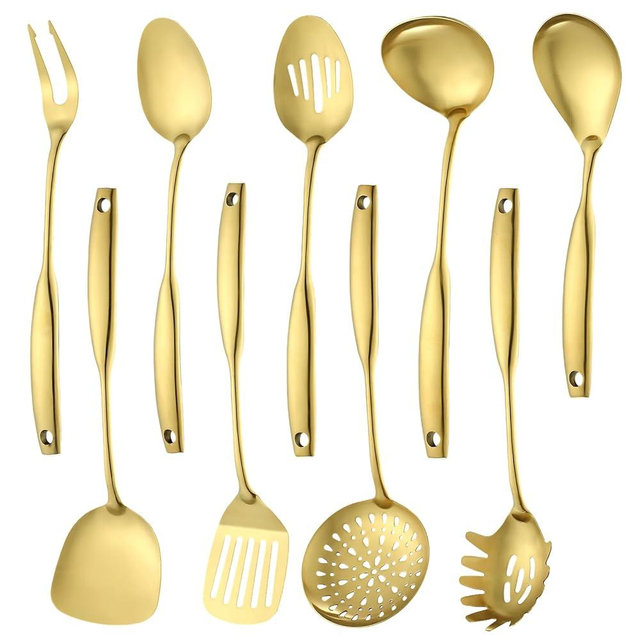 Lazycorner Kitchen Utensil Set 9-Piece Stainless Steel 304 Polished Mirror Finish Cooking Spoons, Slotted Spoon, Turner, Spatula, Pasta Spoon– Dishwasher Safe, Rust-Resistant