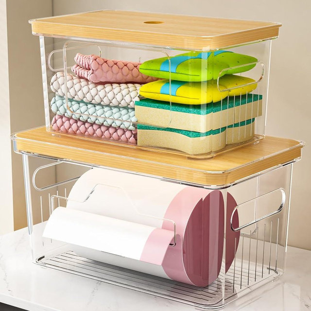 FELIZHOUSE 2 Pack Trash Bag Holder with Bamboo Lid, Stackable Garbage Bag Dispenser Under Sink , Storage Organizer for Kitchen, Laundry, Pantry