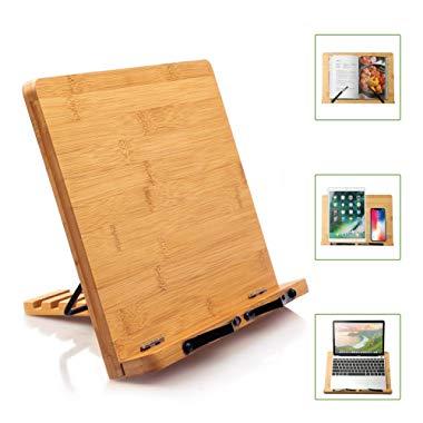 Bamboo Book Stand Cookbook Holder Reading Desk Bookrest with 5 Adjustable Height, Foldable Tray and Page Paper Clip Portable Sturdy Bookstands for Textbook, Magazine, Music Books, Recipe by Pipishell