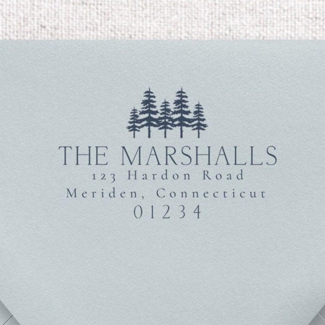 Custom Evergreens Return Address Stamp, Wood Mounted Rubber Address Stamp, Trees Address Stamp, Christmas Stamp, Gift Idea, 1.25x2.5"