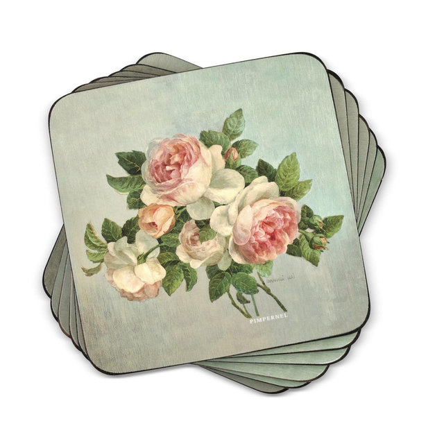 Pimpernel Antique Roses Coasters - Set of 6 , Cork, Elegant Floral Design, Protects Surfaces from Spills, Easy to Clean